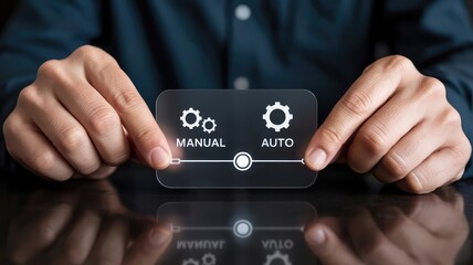 Hands interacting with a futuristic translucent digital interface, precisely adjusting a slider between "MANUAL" and "AUTO" settings, featuring gear icons, symbolizing control and automation choices.