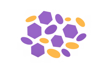 Abstract geometric pattern forming a vibrant cluster of purple hexagons and orange ovals on transparent background