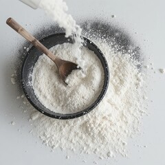 White powder being poured into black bowl with wooden spoon