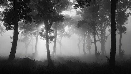 Tall trees standing in a dense forest with ethereal mist and sun rays breaking through