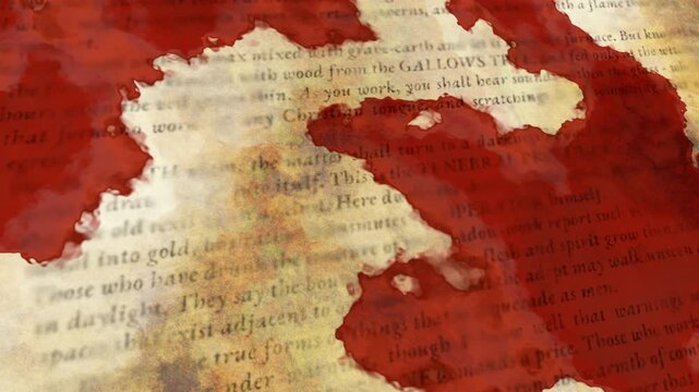 Blood on old manuscript, abstract loop with fictitious alchemy text. Grainy paper background.