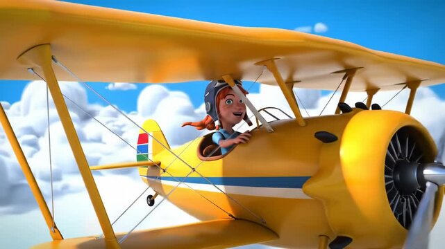 A cartoon character pilots a bright yellow biplane high above the clouds.