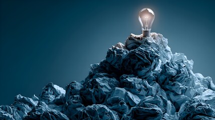 Illuminated light bulb resting atop a heap of crumpled paper representing a breakthrough idea emerging after much effort and struggle.