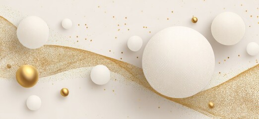 Beige abstract with white spheres and gold accents, glittery wave, and elegant design