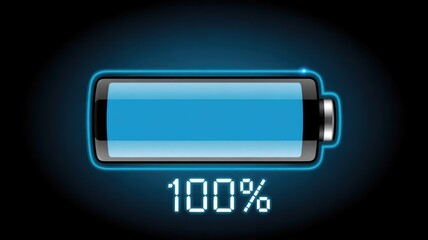 A glowing blue digital battery icon clearly displaying '100%' charge, set against a dark, minimalist background, symbolizing full power, energy readiness, and complete functionality.