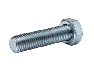 Close up of a single metallic bolt with a rounded head on transparent background