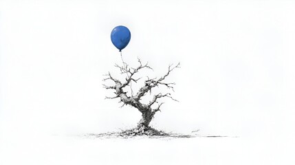 A lone blue balloon drifts skyward tethered to the branches of a stark tree against a minimalist white background evoking freedom and hope.