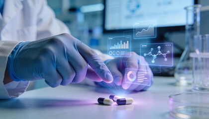 Hands in blue gloves interact with glowing pills and holographic charts of molecular data in a modern lab.