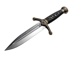 Detailed illustration of a metallic dagger with a transparent background