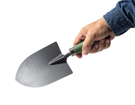 Hand holding shovel with transparent background - Powered by Adobe
