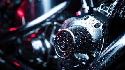 Close-up in motorcycle engine in wet conditions