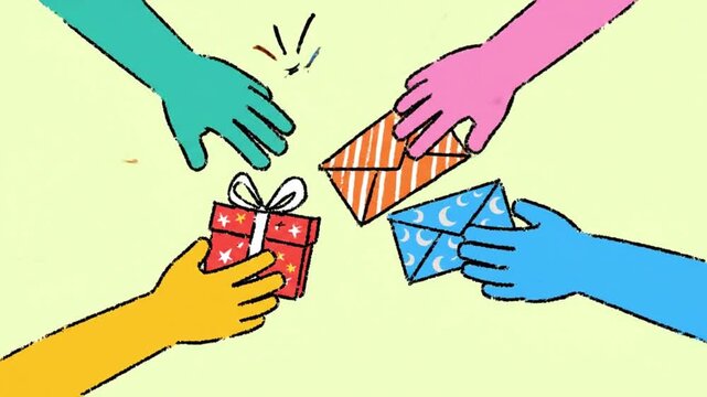 Doodle Style Eid Gift Giving Animation, Hand Drawn Lebaran Celebration, Cheerful Hands Exchanging Eid Presents.