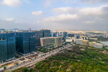 Fototapeta premium Aerial view of Financial district with in Hyderabad city a major Information technology and financial tech hub in India