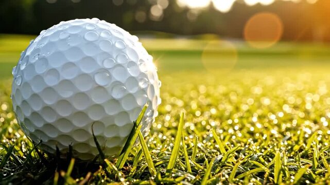A close-up of a wet golf ball on green grass with a blurry background of trees and sunlight
