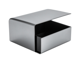 Metallic cube with lifted flap against a transparent background