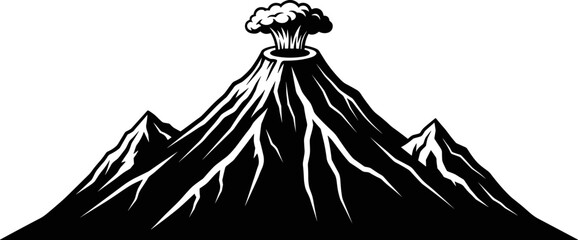 Black erupting volcano silhouette with mountain landscape, natural disaster and geology concept, dramatic volcanic eruption scene, nature power illustration, flat vector design © Sarsoti