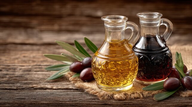Two elegant glass cruets filled with golden oil and dark vinegar sit among ripe olives and leaves, creating a warm, gourmet mood ideal for culinary or Mediterranean themes.