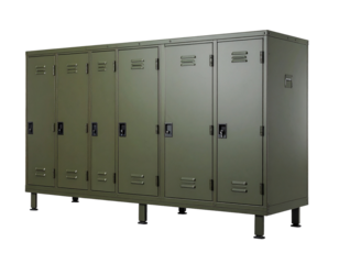 Olive green metal storage cabinet with six doors and legs
