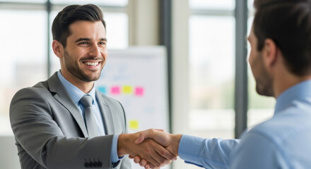 Two smiling businessmen shake hands in a light-filled office during a meeting, dressed in formal attire, showcasing a professional collaboration in a modern setting.