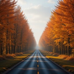 Autumn road stretching through vibrant orange forest landscape