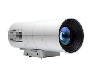 White cylindrical device with dark lens isolated on a transparent background for versatile commercial applications