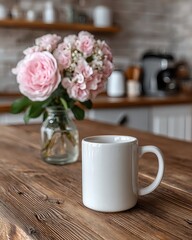A cozy lifestyle scene showing a plain ceramic mug on rustic wood with a softly blurred modern kitchen behind