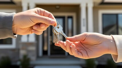 Handing over house keys in front of a residential home