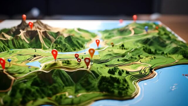 Detailed topographic map with location pin markers indicating different points of interest.