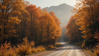 Scenic autumn road winding through vibrant orange forest landscape