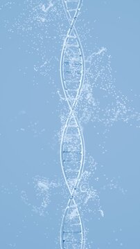 Abstract DNA structure with floating particles for biotechnology, molecular genetic research, and advanced medical science on clean blue background. Seamless loop. Created using non-AI 3d software