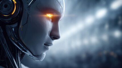 Futuristic robot face artificial intelligence cybernetic eye chrome surface orange glow blurred background