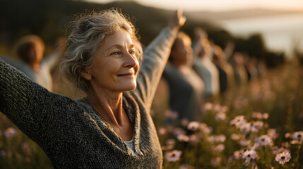 A happy smiling woman aged in nature is engaged in morning exercise, stretching, yoga or qigong, a group lesson for grandmothers in the fresh air.