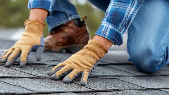 A roofer in jeans and a blue plaid shirt crouches on a shingled roof, wearing work gloves and sturdy boots.