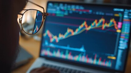 Reflective view of a person wearing spectacles, intensely focused on a laptop screen displaying intricate financial market charts and investment data for strategic analysis - Powered by Adobe