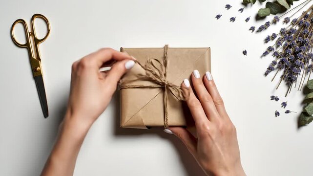 Hands carefully wrapping a gift box with kraft paper, twine, and dried lavender on a white background, symbolizing handmade care and creative gifting