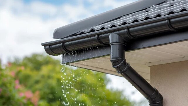 A close-up shot of a black gutter system on a house, with water streaming down the downspout during a rain shower.