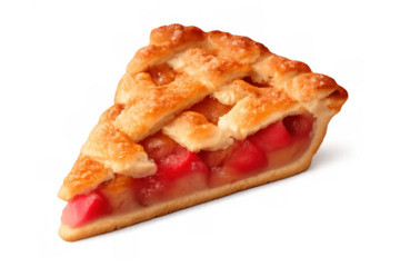 Slice of apple rhubarb pie with lattice crust, showing baked pastry and red fruit filling, transparent background