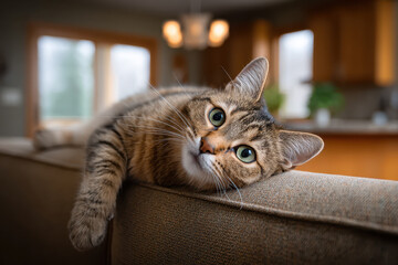 Tabby cat indoor lounging on couch with curious expression and soft natural light
