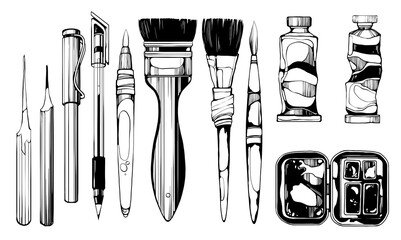 Sketching kit of hand-drawn art tools in black-and-white line art, including pens, brushes and nibs and paints with expressive contours, graphic contrast, isolated on white background.