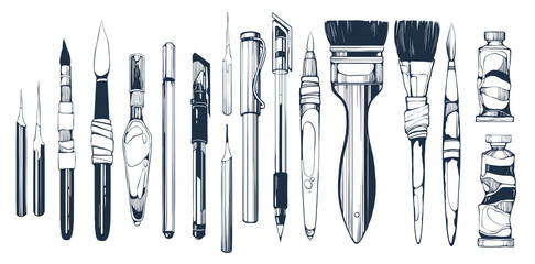 Sketching kit of hand-drawn art tools in black-and-white line art, including pens, brushes and nibs and paints with expressive contours, graphic contrast, isolated on white background.