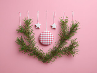 Pink gingham ornament and hanging white stars above fir branch with festive minimal mood