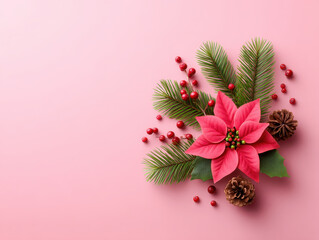 Pink poinsettia flower with fir branches pinecone and red berries arranged for holiday greeting card