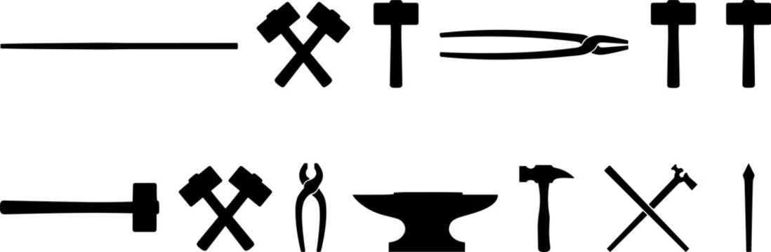 Blacksmith and metalwork tool icons set, professional ironwork equipment silhouettes including anvil, hammers, tongs, and mallet for industrial forging and metal craftsmanship vector.
