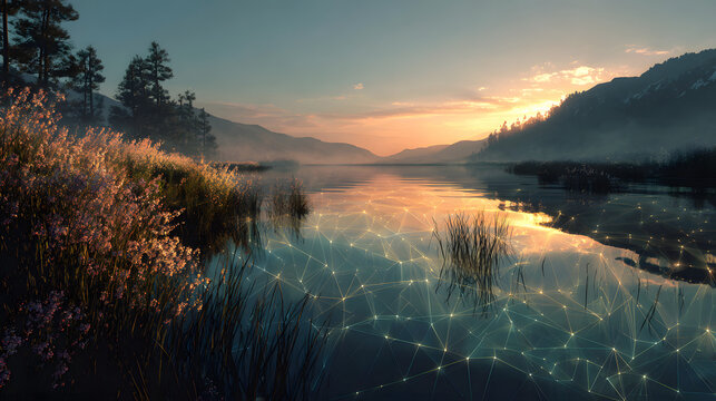 AI Artificial Intelligence for Mental Health. serene landscape with digital overlays of calming patterns and AI-generated elements, AI use in creating environments conducive to mental wellness - Powered by Adobe