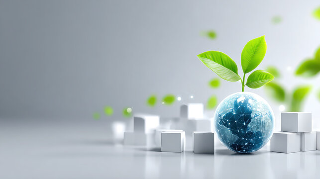 Green globe with sprout and network nodes, clean technology background, sustainable innovation and eco concept for presentation