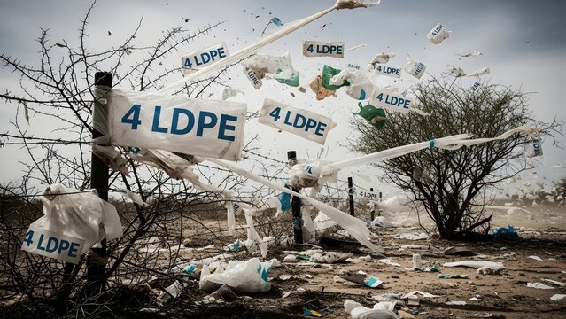 LDPE Plastic Bags Caught on Barbed Wire Fence Showing Environmental Pollution