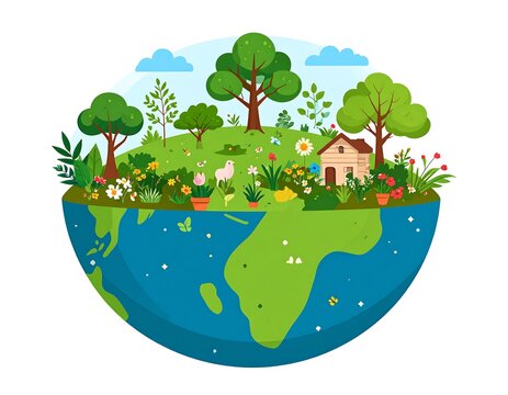 Half-earth illustration. Green land with trees, flowers, and a small house atop a blue-green globe, with clouds and blue sky