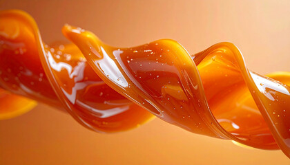 Caramel ribbon twisting in midair, glossy texture, macro abstract, smooth gradient background, sweet dessert, golden orange color, delicious and artistic