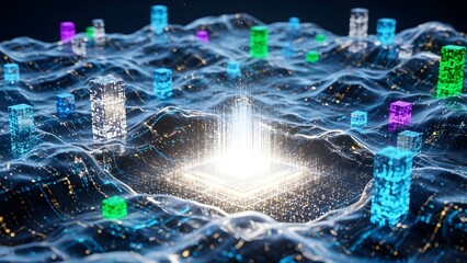 Vibrant digital landscape with glowing cubes and futuristic waves