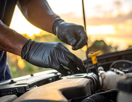 Hands wearing black gloves check a car's engine with a dipstick at sunset/sunrise